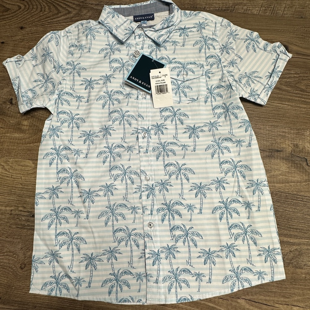 Andy & Evan Boys’ Blue Aqua Palms Shirt, Size 8, New with Tags